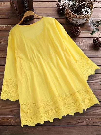 Plus Size Floral Applique Lace Blouse, Tie Neck Short Sleeve Women's Top
