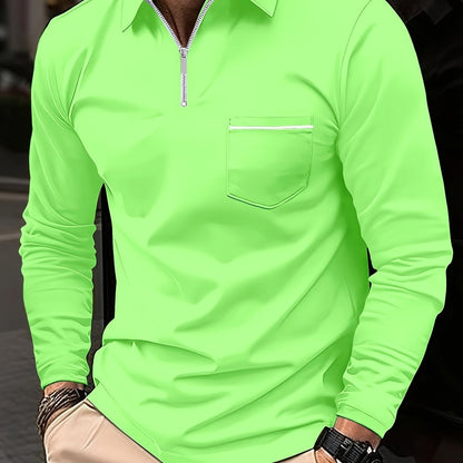 Men's Casual Long Sleeve Zipper Lapel Shirt with Chest Pocket, Spring/Fall Outdoor Wear