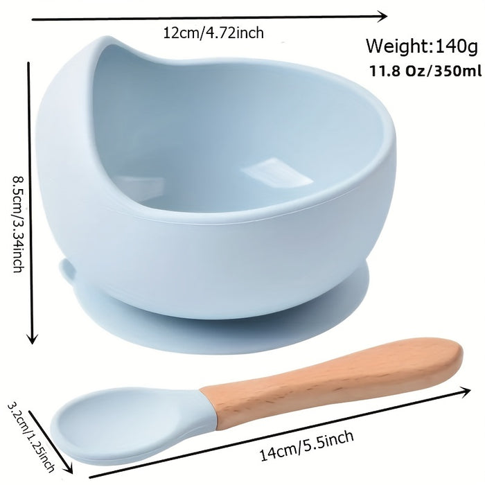1set Baby Feeding Bowl And Spoon Set, Silicone Baby Bowl Suction Cup With Wooden Spoon Silicone Suction Base Non Slip Baby First Feeding Kit Gift For Toddler Children Girls Boys, Halloween, Thanksgiving, Christmas Gift