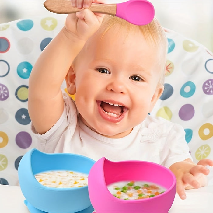 1set Baby Feeding Bowl And Spoon Set, Silicone Baby Bowl Suction Cup With Wooden Spoon Silicone Suction Base Non Slip Baby First Feeding Kit Gift For Toddler Children Girls Boys, Halloween, Thanksgiving, Christmas Gift