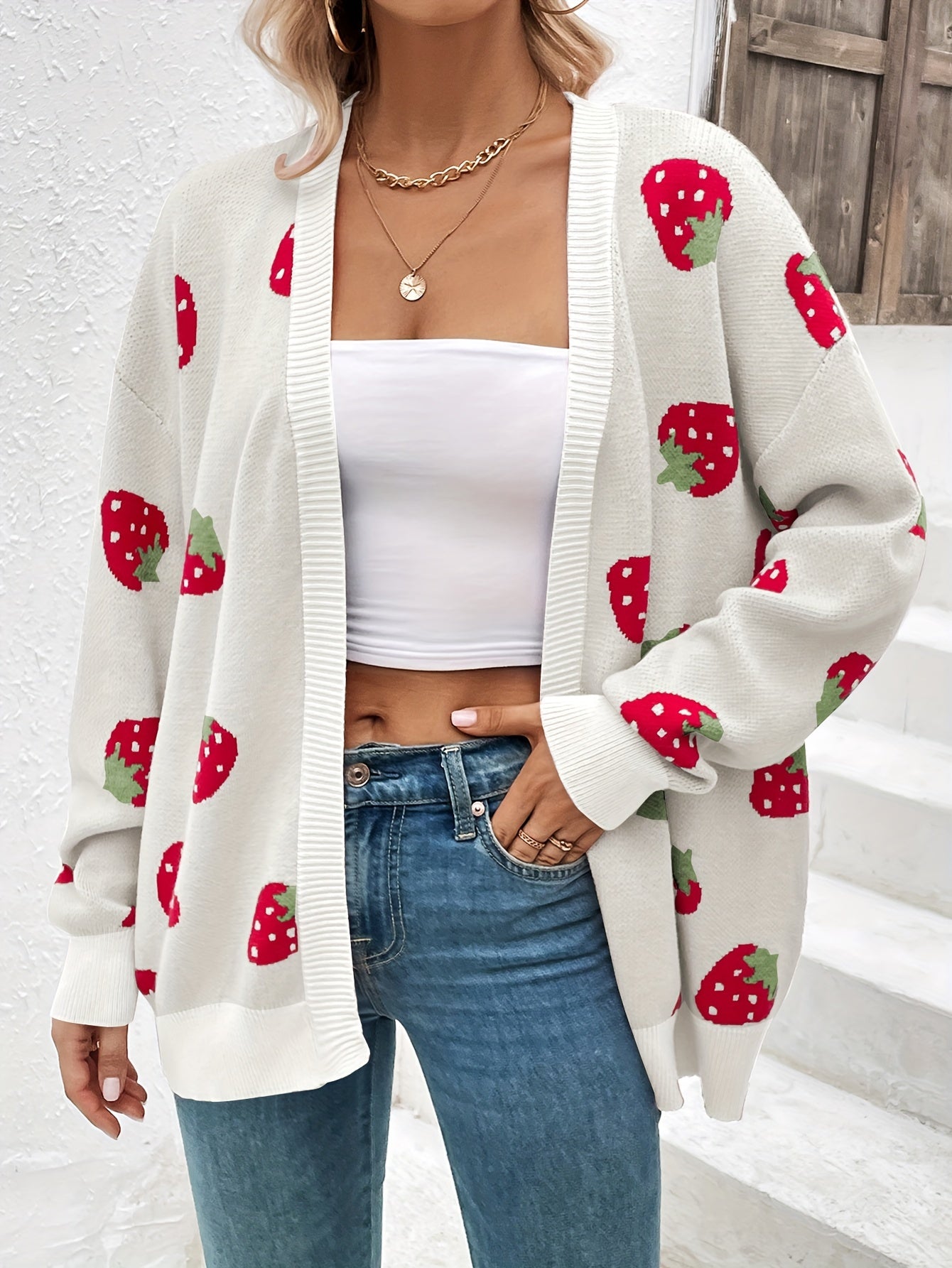 Strawberry Print Open Front Cardigan, Long Sleeve Elegant Cardigan for Spring & Fall, Women's Clothing