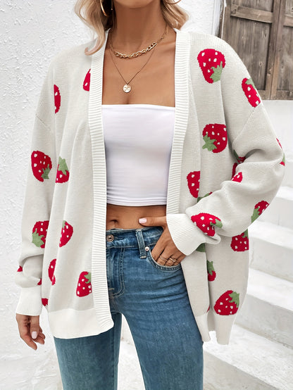Strawberry Print Open Front Cardigan, Long Sleeve Elegant Cardigan for Spring & Fall, Women's Clothing