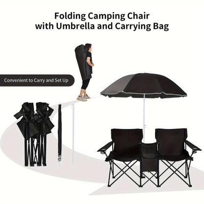 Portable Folding Picnic Double Chair W/Umbrella Table Cooler Beach Camping