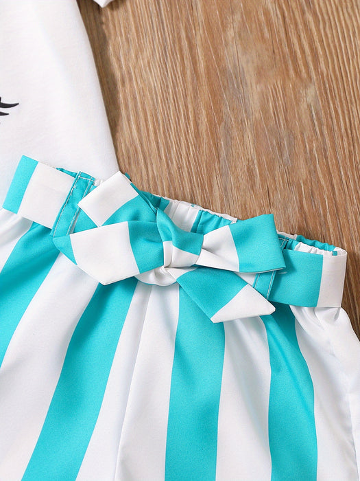 2pcs Toddler Girls Easter Cartoon Bunny Graphic T-Shirts Round Neck Short Sleeve Tees Top & Elastic Waist Belted Stripe Shorts Set Kids Summer Outdoor Clothes