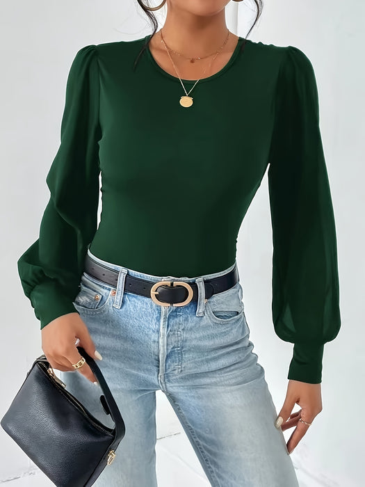 [Elegant Bodysuit] Elegant Long Sleeve Solid Crew Neck Bodysuit, Women's Clothing For Spring & Fall