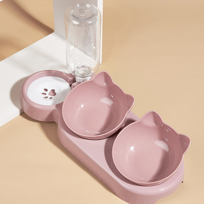 3-in-1 Pet Feeding Set: Tilted Cat Bowls with Gravity Water Bottle and Ear Design for Neck Protection
