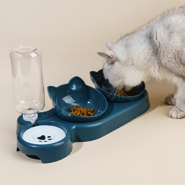 3-in-1 Pet Feeding Set: Tilted Cat Bowls with Gravity Water Bottle and Ear Design for Neck Protection