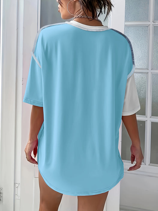 Colorblock Patchwork Crew Neck T-Shirt, Casual Drop Shoulder Top For Spring & Summer, Women's Clothing