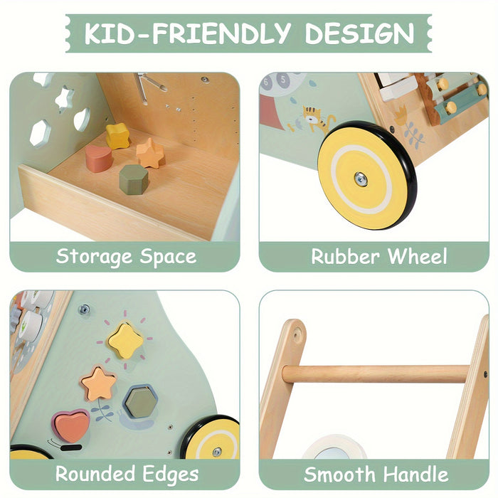 Wooden Baby Walker - Multiple Learning Activities Center Develops Motor Skills for Infant to Toddler, Push and Pull Walkers with Wheel - For Boys & Girls -  Suitable for 6-18 Months -  Perfect Gift for Baby Shower