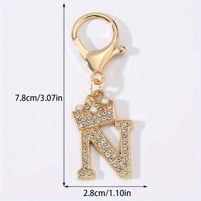 1pc Fashion Zinc Alloy Artificial Diamond Crown 26 English Letters Key Chain For Men, Bag Pendant To Friends