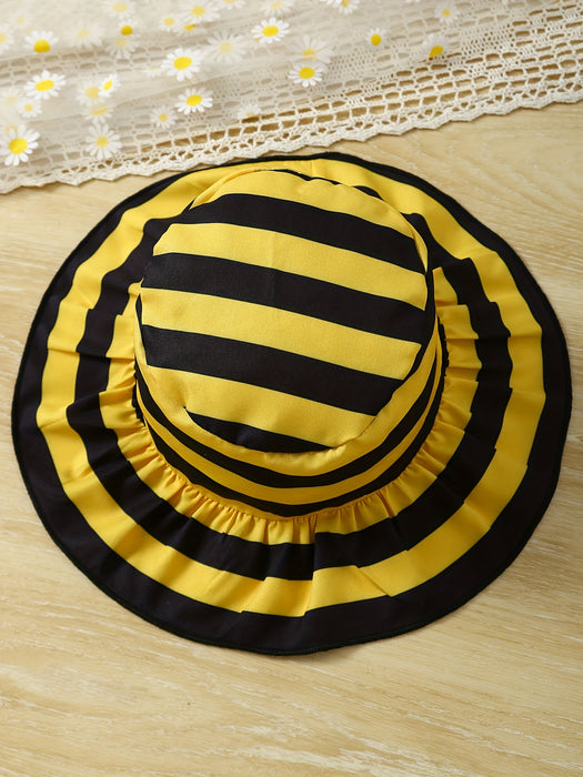 [Ladybug Summer Dress Set] 2pcs Little Bee Ladybug Summer Dress - Striped Full-Print Exposed Back Spliced for Lotus Lace Adjustable Suspender + Sun Hat Set