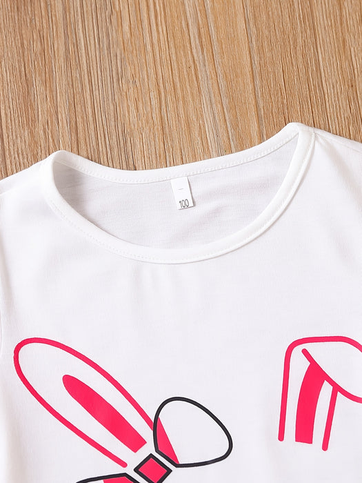 2pcs Toddler Girls Easter Cartoon Bunny Graphic T-Shirts Round Neck Short Sleeve Tees Top & Elastic Waist Belted Stripe Shorts Set Kids Summer Outdoor Clothes