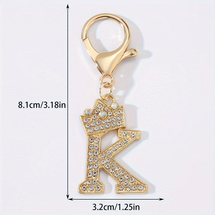 1pc Fashion Zinc Alloy Artificial Diamond Crown 26 English Letters Key Chain For Men, Bag Pendant To Friends