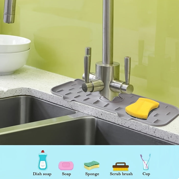 Silicone Faucet Splash Guard & Sponge Holder - Foldable Kitchen and Bathroom Countertop Protector Mat