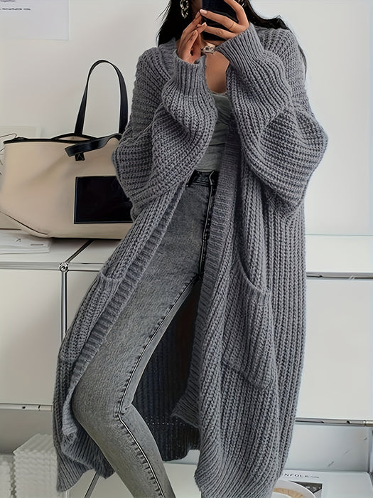 Women's Solid Color Open Front Knitted Cardigan, Long Sleeve, Spring/Fall Casual Wear