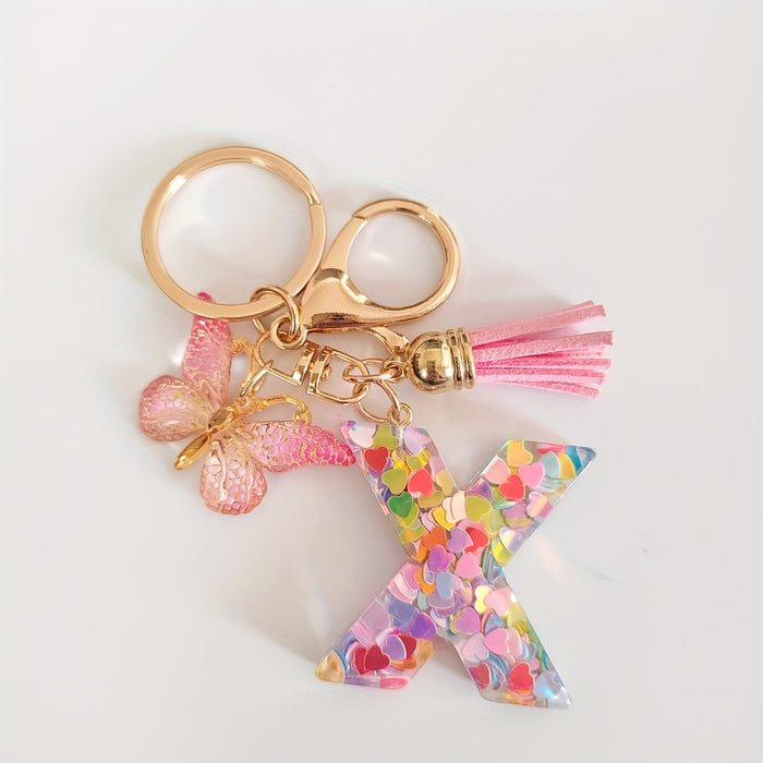 1pc Creative English Letter Pendant Keychain For Girls, Pink Sequin Drop Glue Butterfly Key Chain For Girls, Bag Car Key Ornament Christmas Gift
