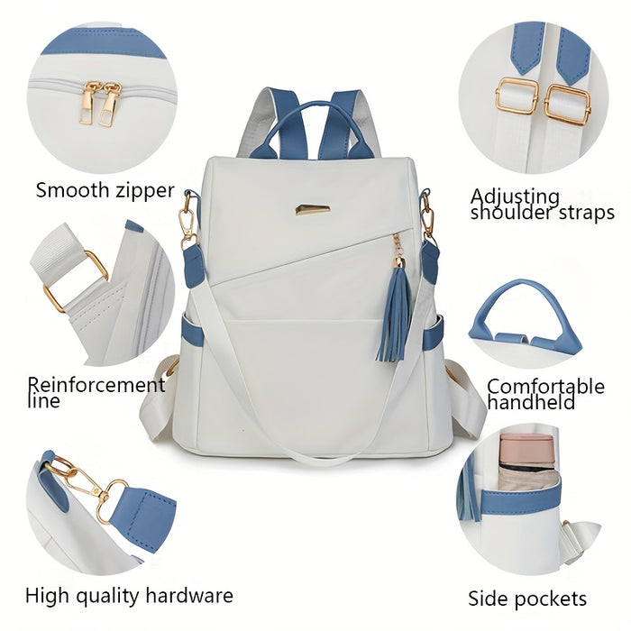 [Travel Ready] Elegant Women's Anti-Theft Lightweight Backpack - Chic White with Pink Accents, Large Capacity, Adjustable Straps, Tassel Detail, PU Material, Perfect for Travel & Daily Use