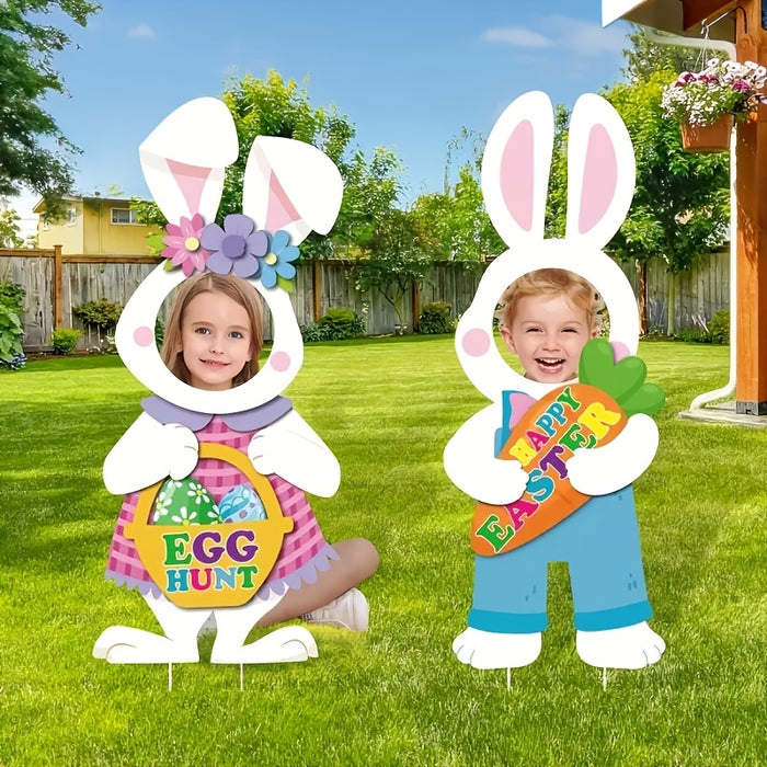 2pcs Large Easter Bunny Yard Signs with Stakes, Art Deco Style Plastic Seasonal Outdoor Decorations, Happy Easter Party Photo Props, No Electricity or Battery Needed, Festive Garden Accessories|Festive Decoration|Durable Outd