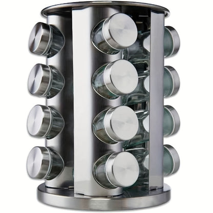 16pcs Stainless Steel Spice Rack Set with 360° Rotating Carousel - Durable, Rust-Proof & Moisture-Resistant Kitchen Organizer for Seasonings and Condiments