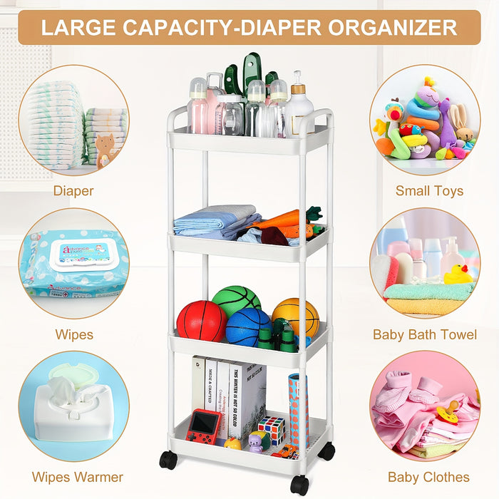 2-Tier Rolling Diaper Caddy Organizer Cart - White Plastic Storage with Wheels for Youngsters Essentials, Cleaning Supplies, and Household Items