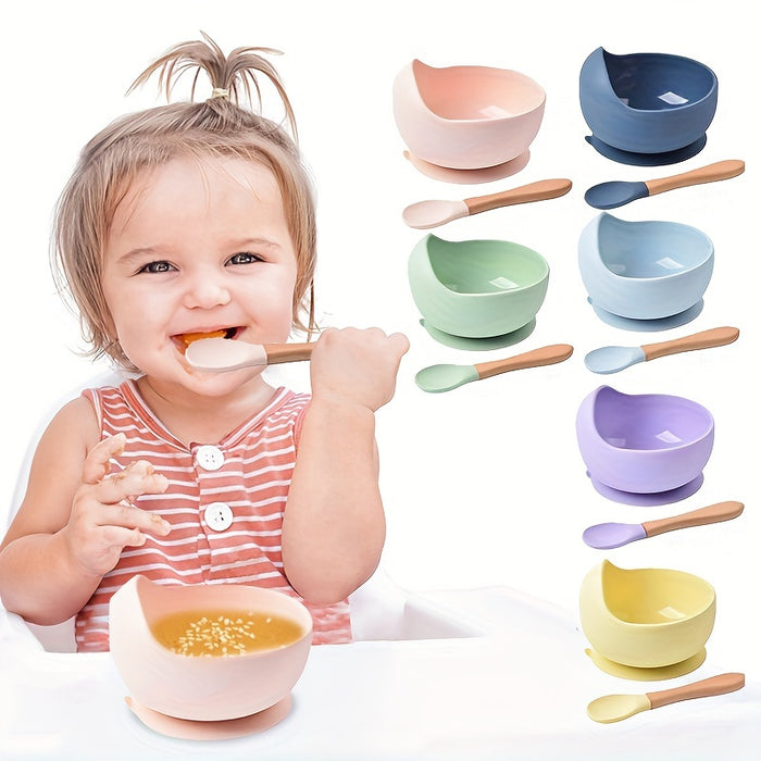 1set Baby Feeding Bowl And Spoon Set, Silicone Baby Bowl Suction Cup With Wooden Spoon Silicone Suction Base Non Slip Baby First Feeding Kit Gift For Toddler Children Girls Boys, Halloween, Thanksgiving, Christmas Gift