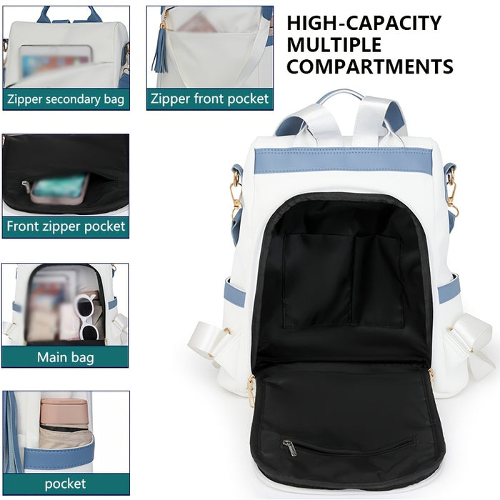 [Travel Ready] Elegant Women's Anti-Theft Lightweight Backpack - Chic White with Pink Accents, Large Capacity, Adjustable Straps, Tassel Detail, PU Material, Perfect for Travel & Daily Use