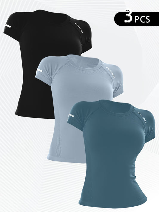 3pcs Women's Athletic T-Shirts - High Stretch, Breathable Nylon Short Sleeve Yoga & Fitness Tops with Letter Design in Black, Gray, and Teal