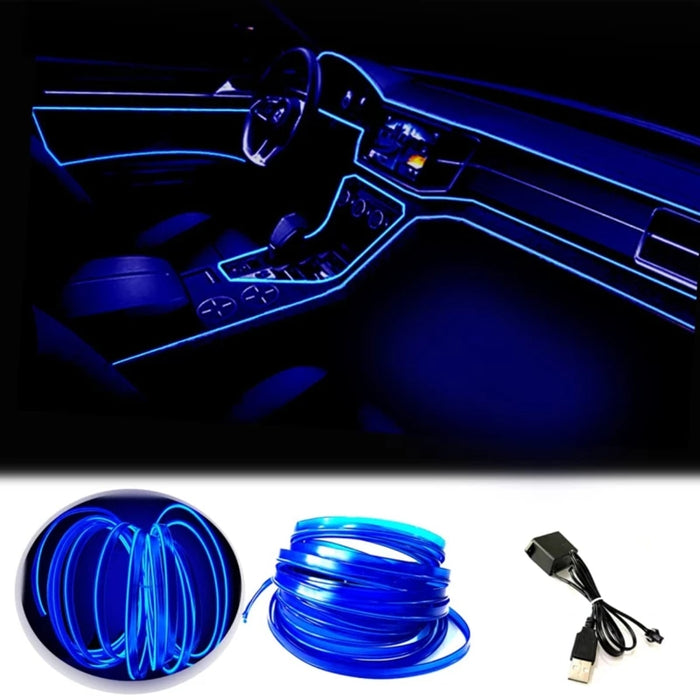 196.85inch blue LED Car Interior Lighting Strip Auto LED Strip Garland EL Wire Rope Car Decoration Lamp Flexible Tube Neon Car Accessories, Without Battery