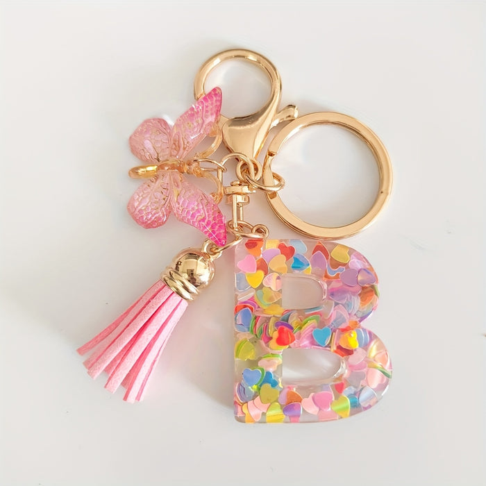 1pc Creative English Letter Pendant Keychain For Girls, Pink Sequin Drop Glue Butterfly Key Chain For Girls, Bag Car Key Ornament Christmas Gift