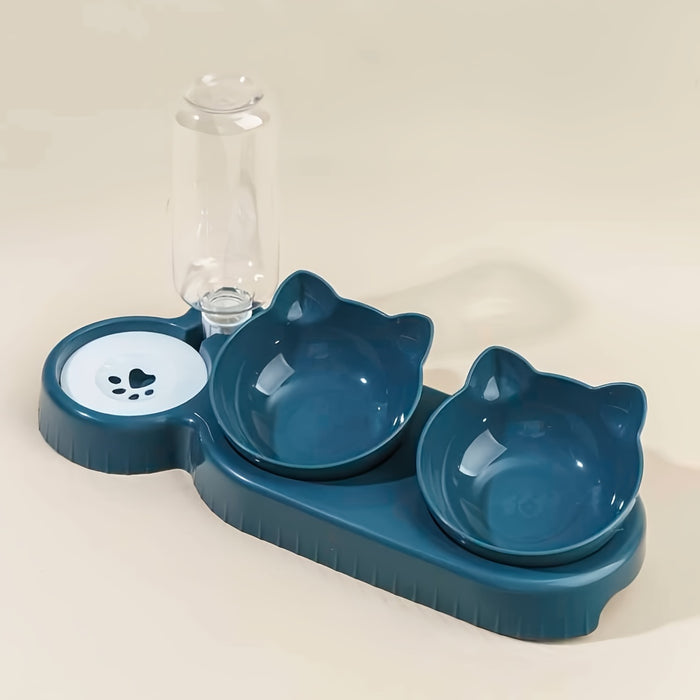 3-in-1 Pet Feeding Set: Tilted Cat Bowls with Gravity Water Bottle and Ear Design for Neck Protection
