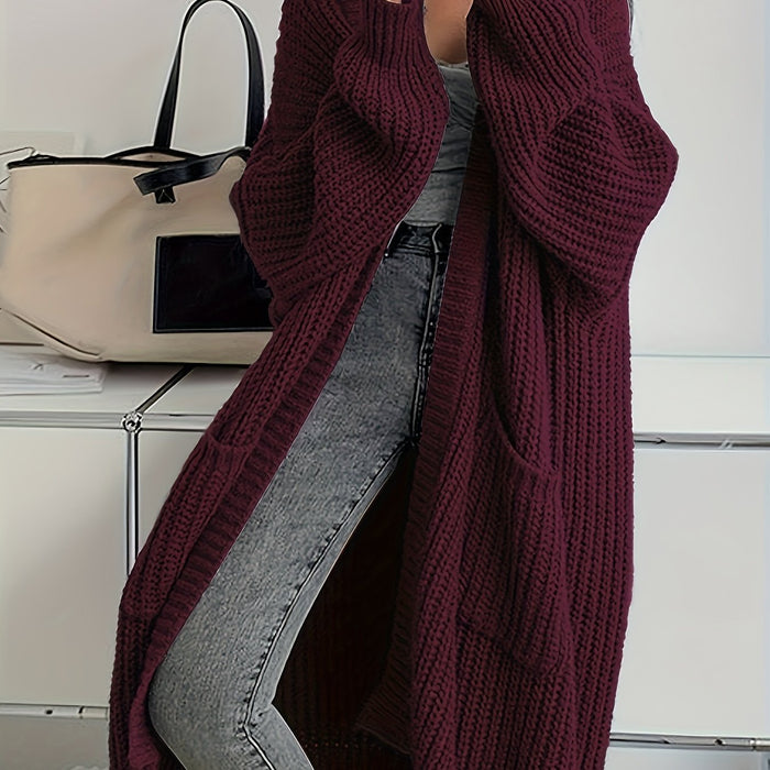 Women's Solid Color Open Front Knitted Cardigan, Long Sleeve, Spring/Fall Casual Wear
