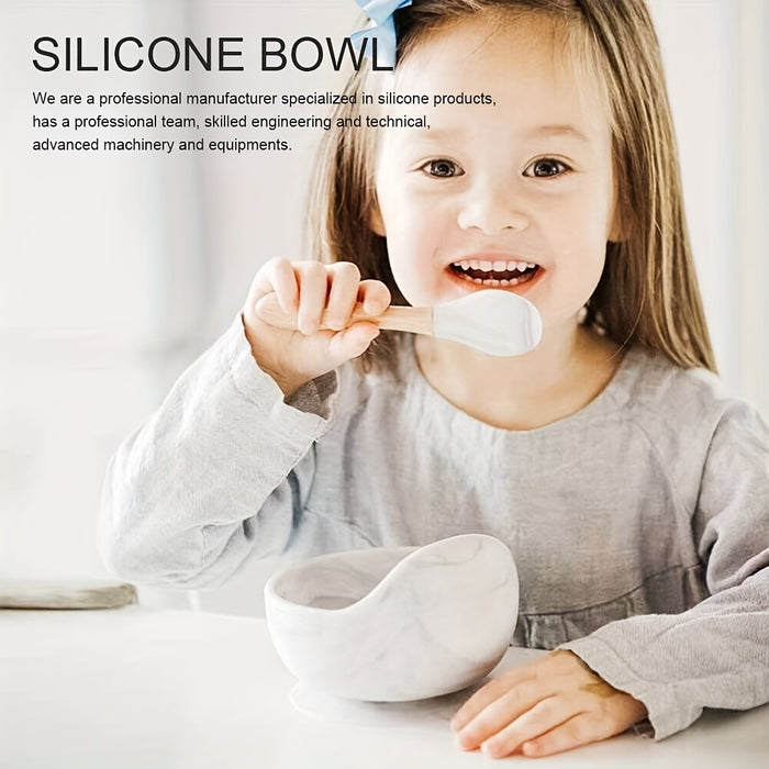 1set Baby Feeding Bowl And Spoon Set, Silicone Baby Bowl Suction Cup With Wooden Spoon Silicone Suction Base Non Slip Baby First Feeding Kit Gift For Toddler Children Girls Boys, Halloween, Thanksgiving, Christmas Gift