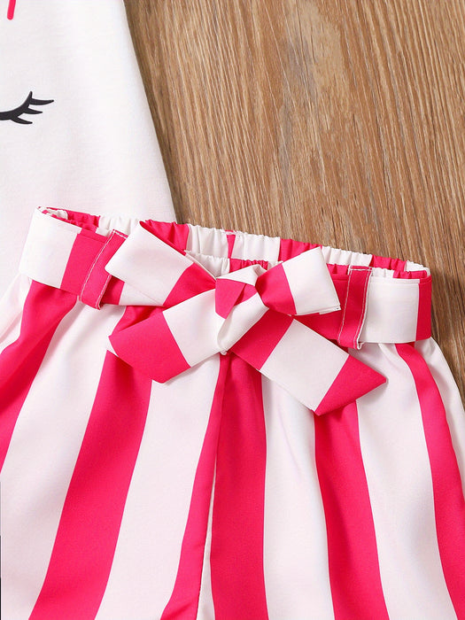 2pcs Toddler Girls Easter Cartoon Bunny Graphic T-Shirts Round Neck Short Sleeve Tees Top & Elastic Waist Belted Stripe Shorts Set Kids Summer Outdoor Clothes