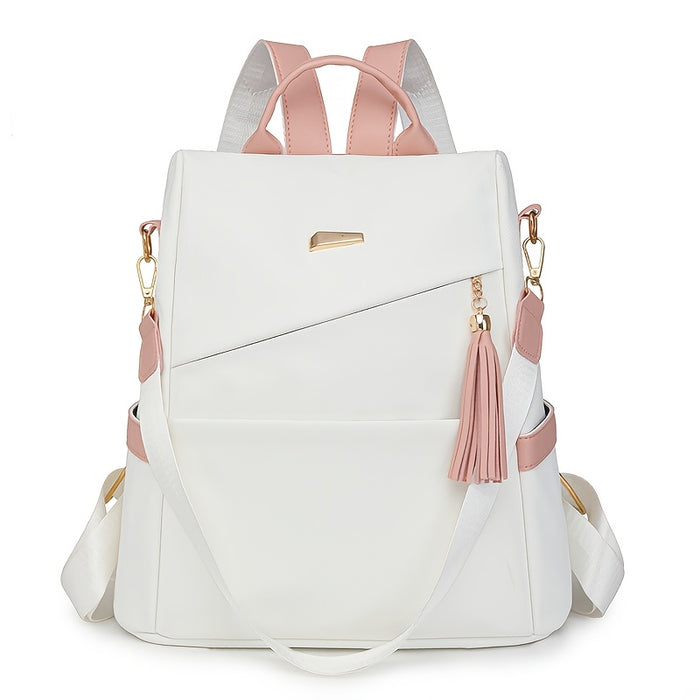 [Travel Ready] Elegant Women's Anti-Theft Lightweight Backpack - Chic White with Pink Accents, Large Capacity, Adjustable Straps, Tassel Detail, PU Material, Perfect for Travel & Daily Use