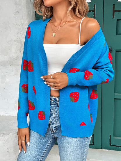 Strawberry Print Open Front Cardigan, Long Sleeve Elegant Cardigan for Spring & Fall, Women's Clothing