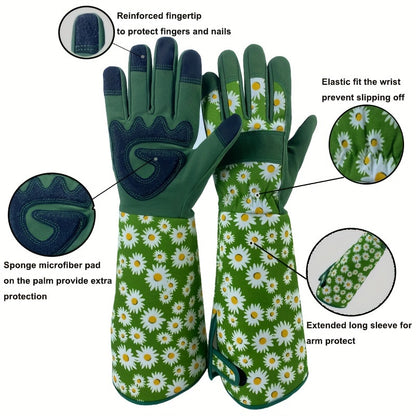 1 Pair Ambidextrous Thorn Proof Gardening Gloves, Polyester Material, Lead & Latex Free, Touch Screen Compatible, Breathable with Reinforced Fingertips & Extended Sleeves for Rose Pruning & Outdoor Work