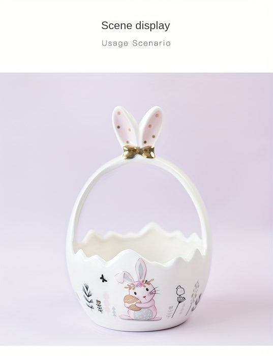 Cute Pastel Pink Ceramic Bunny Basket for Easter, Perfect for Holding Flowers Or Fruits As a Decorative Piece.