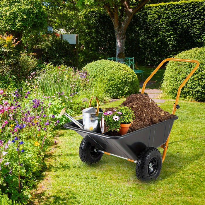 COSTWAY Dual-Wheel Wheelbarrow, Heavy-Duty Garden Utility Cart w/ Pneumatic Tires, 330 LBS Load Capacity, 21 Gal Volume, Foldable Handle, Yard Lawn Dump Cart for Moving Soil Gardening Tool Mulch Gravel.