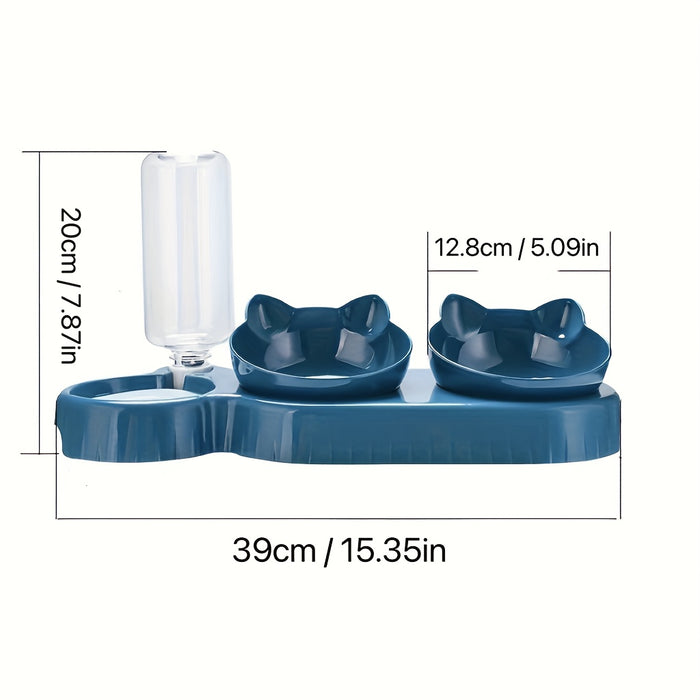3-in-1 Pet Feeding Set: Tilted Cat Bowls with Gravity Water Bottle and Ear Design for Neck Protection