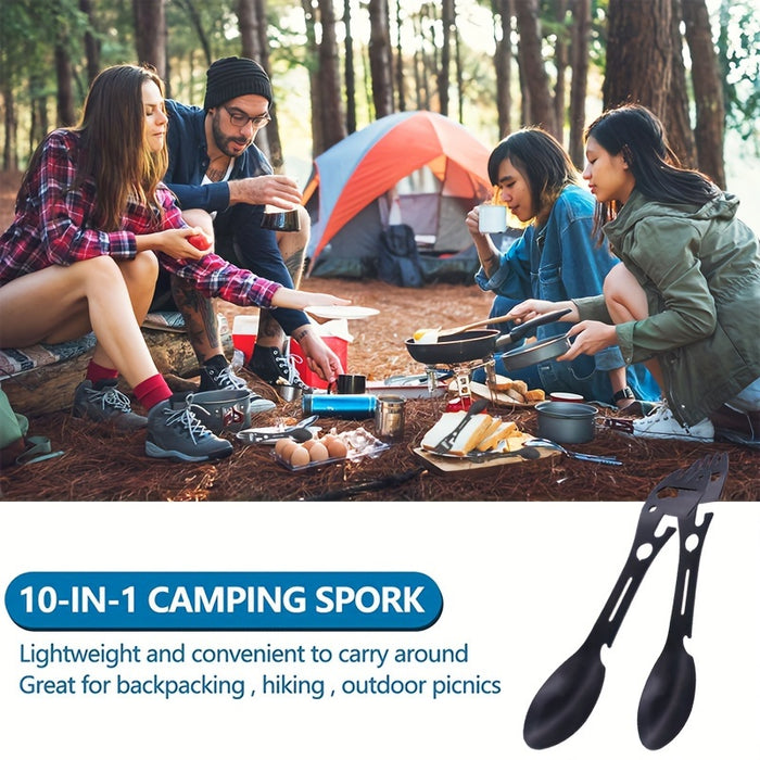 1/2pcs 10-in-1 Multi-Functional Tableware - Stainless Steel Portable Utensil, Can Opener, Serrated Knife, Wrench, Direction Indicator - Perfect for Outdoor Camping, Hiking, Picnic & Travel - For Adventurers & Outdoor Enthusia