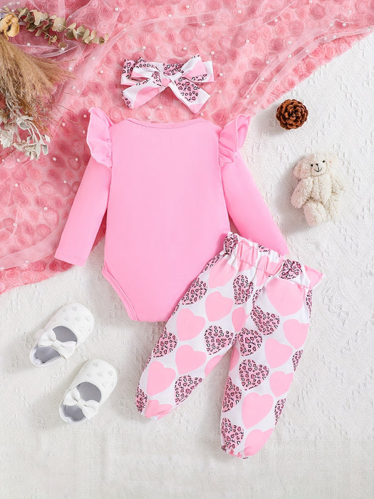 3pcs Baby Girl Outfit Set, "The Princess Has Arrived" Print Long Sleeve Romper with Ruffle Detail, Heart Pattern Print Pants, and Headband, Polyester Knit Fabric, Crew Neck, Regular Fit, for Spring/Fall - Perfect for Valentin