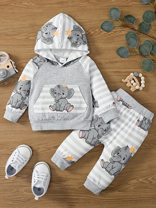 2pcs Baby Boy Baby Elephant Cartoon Print Comfortable Long Sleeve Hooded Top + Stitched Stripes Baby Elephant Full Print Trousers Two Sets, for Outdoor