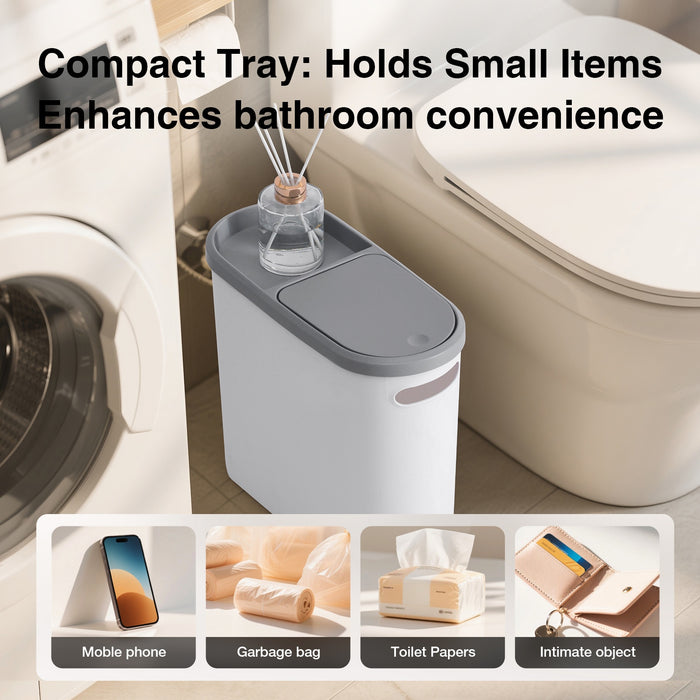 Compact tray for bathroom use with text highlighting its convenience.