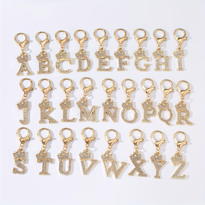 1pc Fashion Zinc Alloy Artificial Diamond Crown 26 English Letters Key Chain For Men, Bag Pendant To Friends