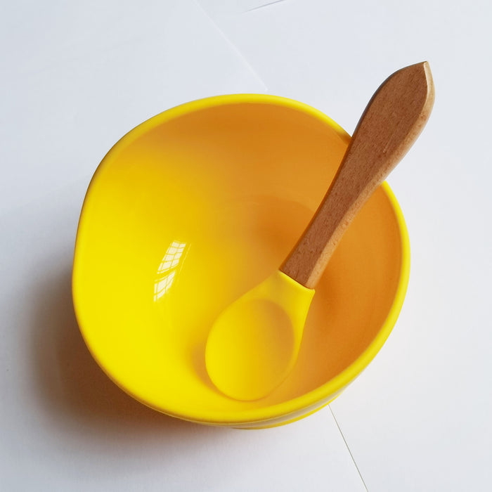 1set Baby Feeding Bowl And Spoon Set, Silicone Baby Bowl Suction Cup With Wooden Spoon Silicone Suction Base Non Slip Baby First Feeding Kit Gift For Toddler Children Girls Boys, Halloween, Thanksgiving, Christmas Gift