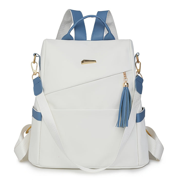 [Travel Ready] Elegant Women's Anti-Theft Lightweight Backpack - Chic White with Pink Accents, Large Capacity, Adjustable Straps, Tassel Detail, PU Material, Perfect for Travel & Daily Use