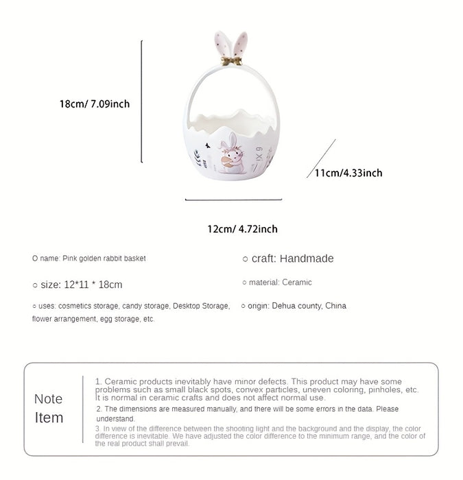 Cute Pastel Pink Ceramic Bunny Basket for Easter, Perfect for Holding Flowers Or Fruits As a Decorative Piece.
