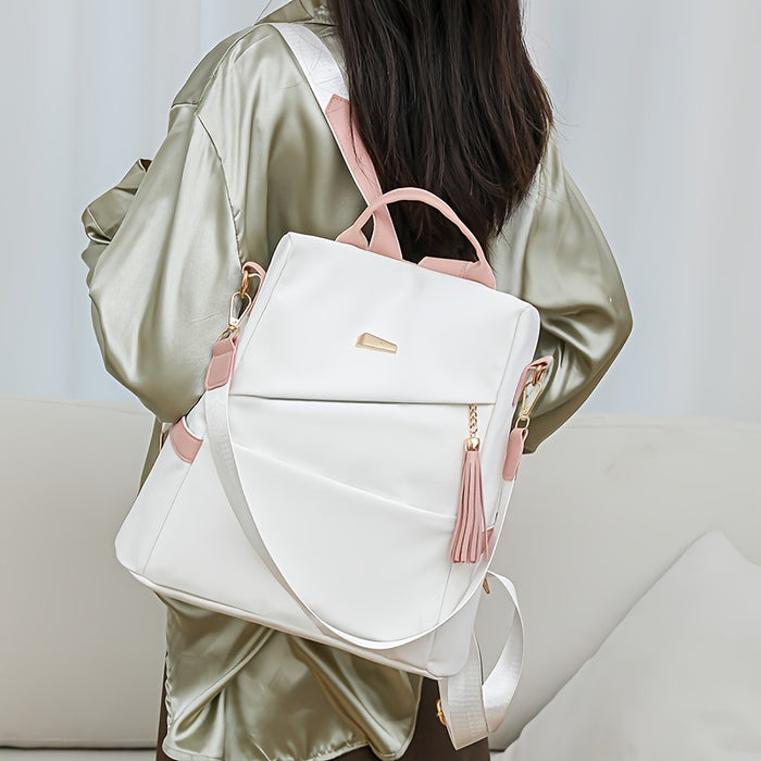 [Travel Ready] Elegant Women's Anti-Theft Lightweight Backpack - Chic White with Pink Accents, Large Capacity, Adjustable Straps, Tassel Detail, PU Material, Perfect for Travel & Daily Use