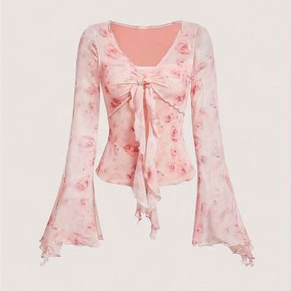 Stylish Floral Print Knot Front Slim Fit T-Shirt - Women's Elegant Flare Sleeve T-Shirts for Spring & Fall - Casual, Comfortable, and Versatile Clothing for Ladies