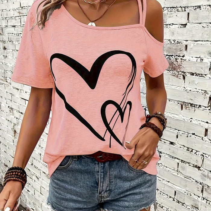 Heart Print Asymmetrical Backless Cold Shoulder T-Shirt for Women